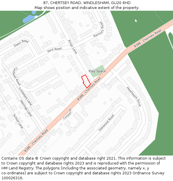 87, CHERTSEY ROAD, WINDLESHAM, GU20 6HD: Location map and indicative extent of plot