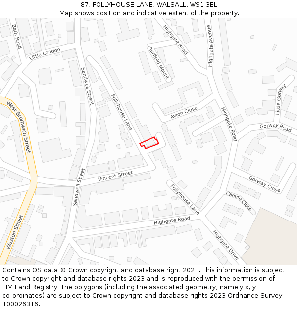 87, FOLLYHOUSE LANE, WALSALL, WS1 3EL: Location map and indicative extent of plot