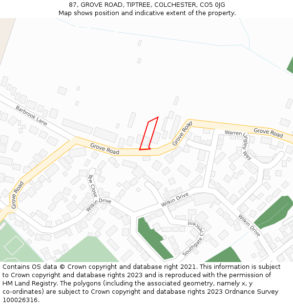 87, GROVE ROAD, TIPTREE, COLCHESTER, CO5 0JG: Location map and indicative extent of plot