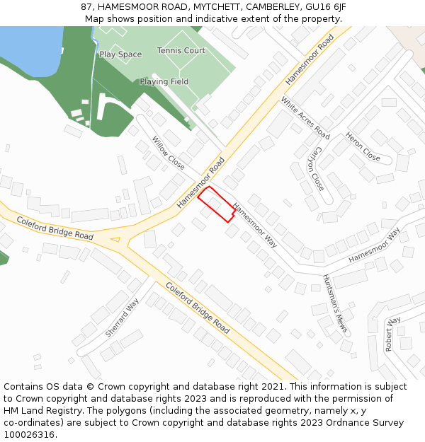87, HAMESMOOR ROAD, MYTCHETT, CAMBERLEY, GU16 6JF: Location map and indicative extent of plot