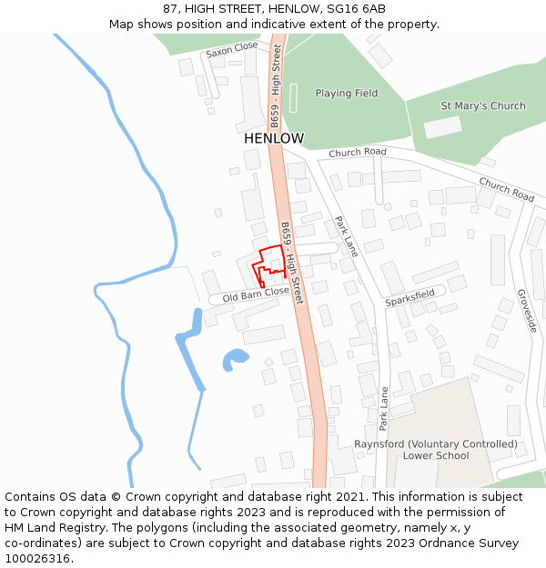 87, HIGH STREET, HENLOW, SG16 6AB: Location map and indicative extent of plot