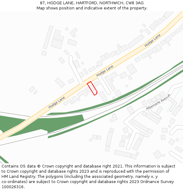 87, HODGE LANE, HARTFORD, NORTHWICH, CW8 3AG: Location map and indicative extent of plot