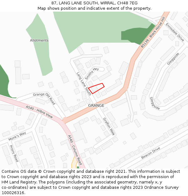87, LANG LANE SOUTH, WIRRAL, CH48 7EG: Location map and indicative extent of plot