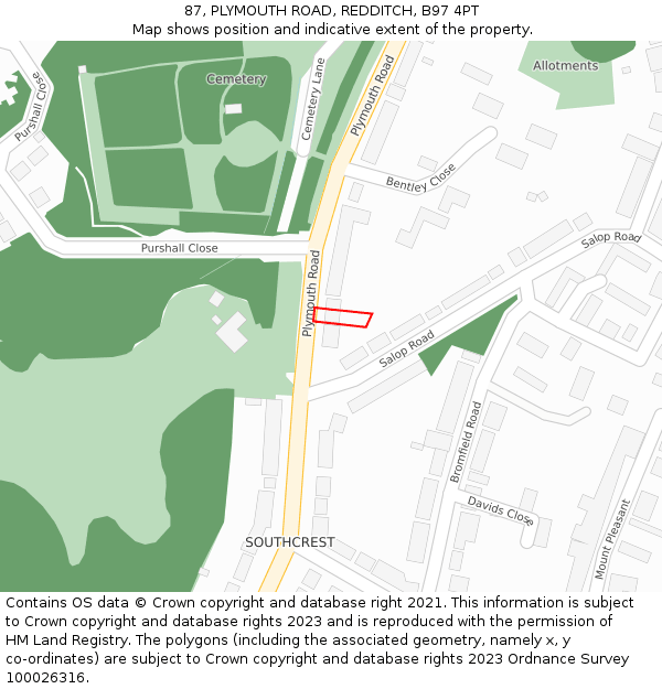 87, PLYMOUTH ROAD, REDDITCH, B97 4PT: Location map and indicative extent of plot
