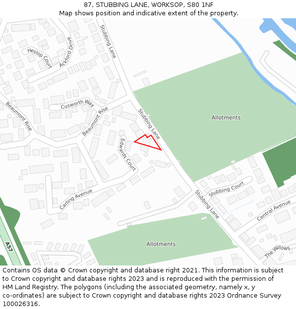 87, STUBBING LANE, WORKSOP, S80 1NF: Location map and indicative extent of plot