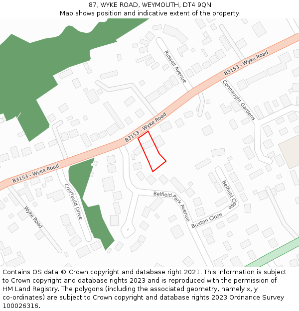 87, WYKE ROAD, WEYMOUTH, DT4 9QN: Location map and indicative extent of plot