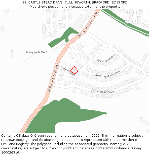 88, CASTLE STEAD DRIVE, CULLINGWORTH, BRADFORD, BD13 5FD: Location map and indicative extent of plot