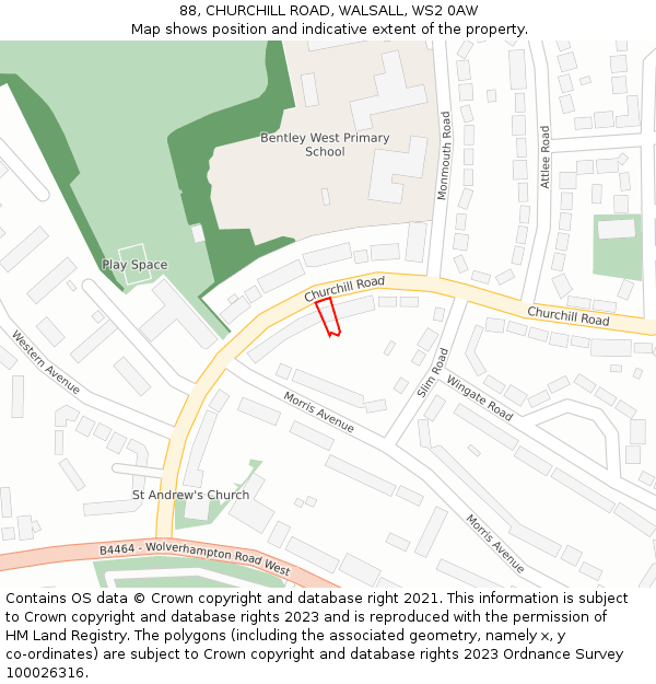 88, CHURCHILL ROAD, WALSALL, WS2 0AW: Location map and indicative extent of plot