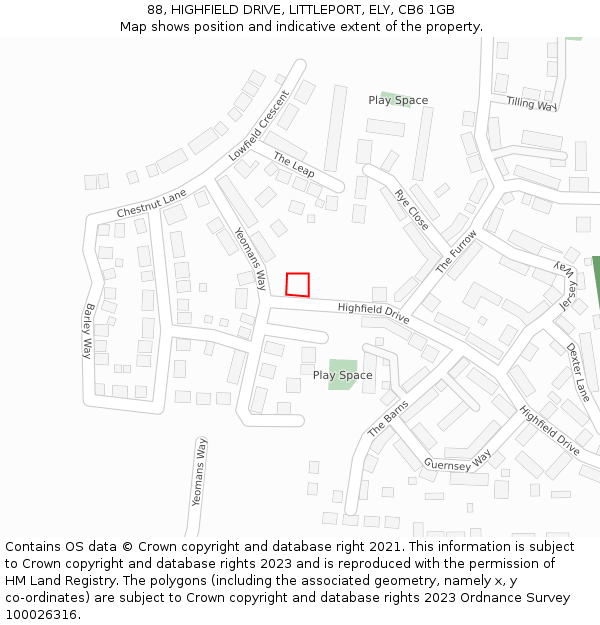 88, HIGHFIELD DRIVE, LITTLEPORT, ELY, CB6 1GB: Location map and indicative extent of plot