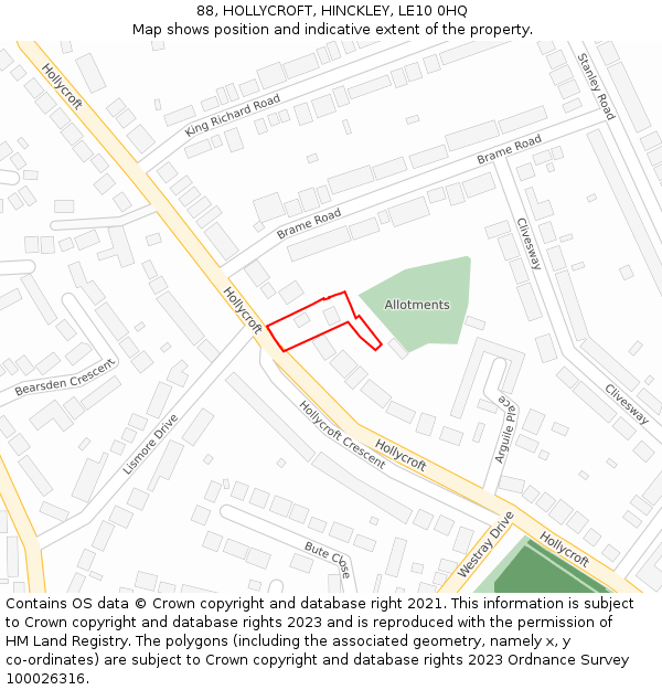 88, HOLLYCROFT, HINCKLEY, LE10 0HQ: Location map and indicative extent of plot