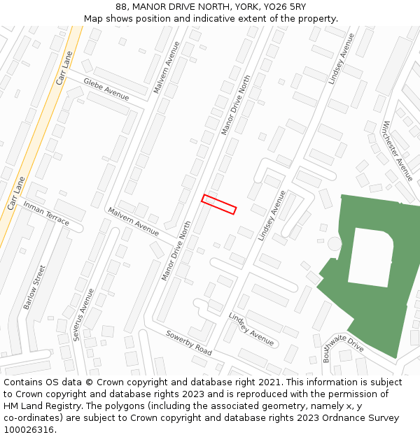 88, MANOR DRIVE NORTH, YORK, YO26 5RY: Location map and indicative extent of plot