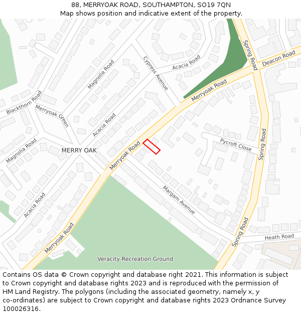 88, MERRYOAK ROAD, SOUTHAMPTON, SO19 7QN: Location map and indicative extent of plot