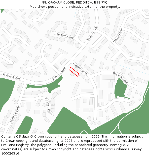 88, OAKHAM CLOSE, REDDITCH, B98 7YQ: Location map and indicative extent of plot