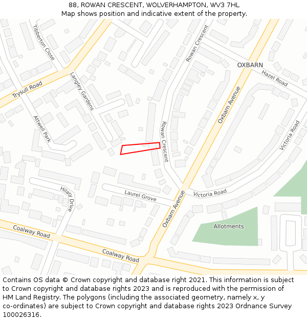 88, ROWAN CRESCENT, WOLVERHAMPTON, WV3 7HL: Location map and indicative extent of plot