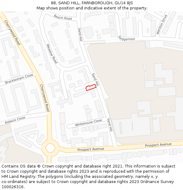 88, SAND HILL, FARNBOROUGH, GU14 8JS: Location map and indicative extent of plot
