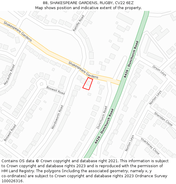 88, SHAKESPEARE GARDENS, RUGBY, CV22 6EZ: Location map and indicative extent of plot