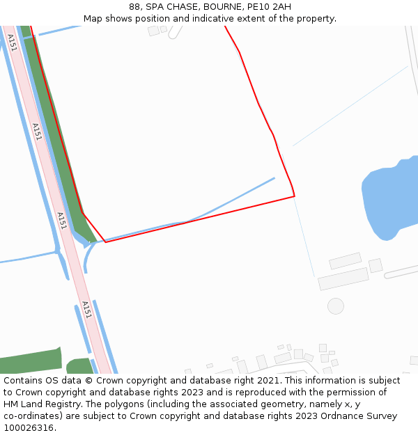 88, SPA CHASE, BOURNE, PE10 2AH: Location map and indicative extent of plot