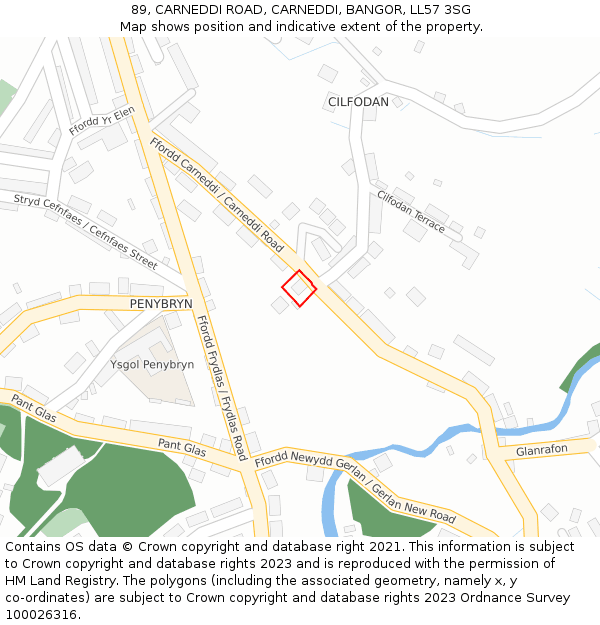 89, CARNEDDI ROAD, CARNEDDI, BANGOR, LL57 3SG: Location map and indicative extent of plot