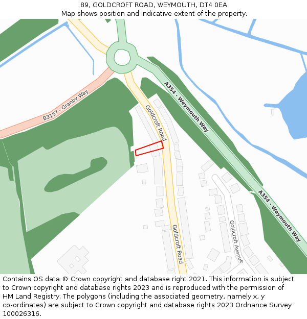 89, GOLDCROFT ROAD, WEYMOUTH, DT4 0EA: Location map and indicative extent of plot