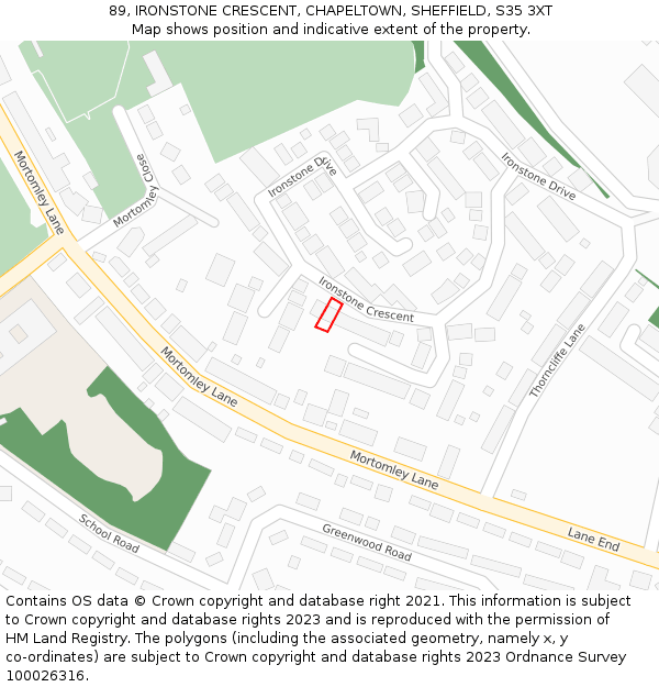 89, IRONSTONE CRESCENT, CHAPELTOWN, SHEFFIELD, S35 3XT: Location map and indicative extent of plot