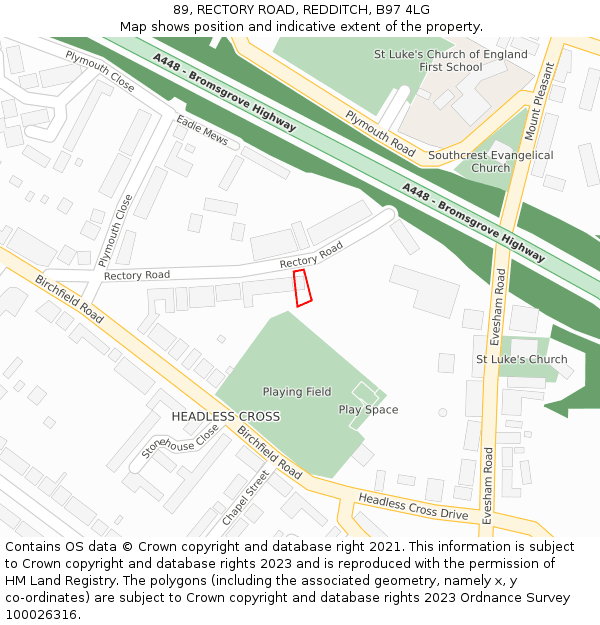 89, RECTORY ROAD, REDDITCH, B97 4LG: Location map and indicative extent of plot