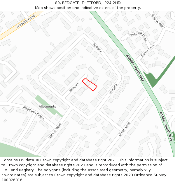 89, REDGATE, THETFORD, IP24 2HD: Location map and indicative extent of plot