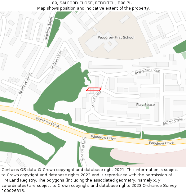 89, SALFORD CLOSE, REDDITCH, B98 7UL: Location map and indicative extent of plot