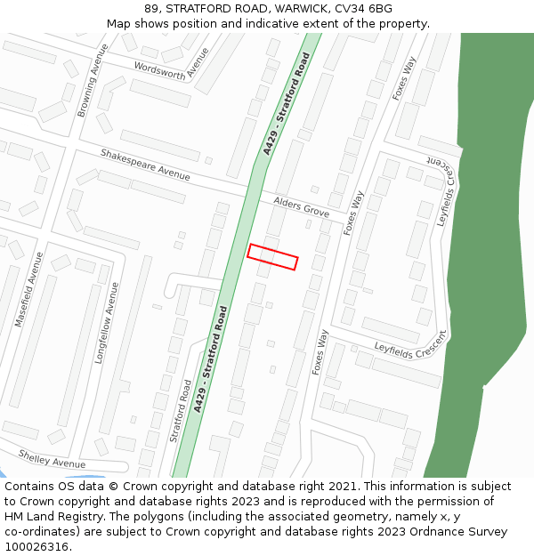 89, STRATFORD ROAD, WARWICK, CV34 6BG: Location map and indicative extent of plot