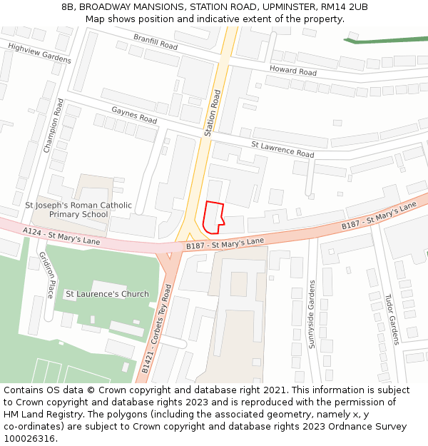 8B, BROADWAY MANSIONS, STATION ROAD, UPMINSTER, RM14 2UB: Location map and indicative extent of plot