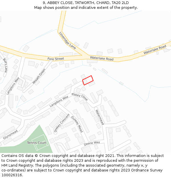 9, ABBEY CLOSE, TATWORTH, CHARD, TA20 2LD: Location map and indicative extent of plot