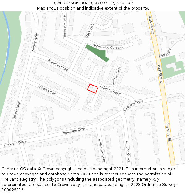 9, ALDERSON ROAD, WORKSOP, S80 1XB: Location map and indicative extent of plot