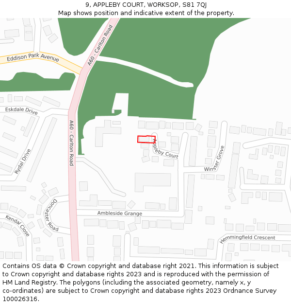 9, APPLEBY COURT, WORKSOP, S81 7QJ: Location map and indicative extent of plot