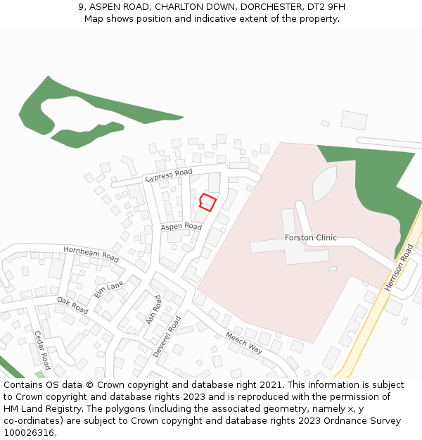 9, ASPEN ROAD, CHARLTON DOWN, DORCHESTER, DT2 9FH: Location map and indicative extent of plot