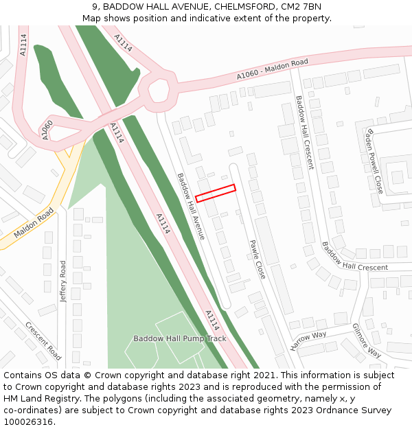 9, BADDOW HALL AVENUE, CHELMSFORD, CM2 7BN: Location map and indicative extent of plot