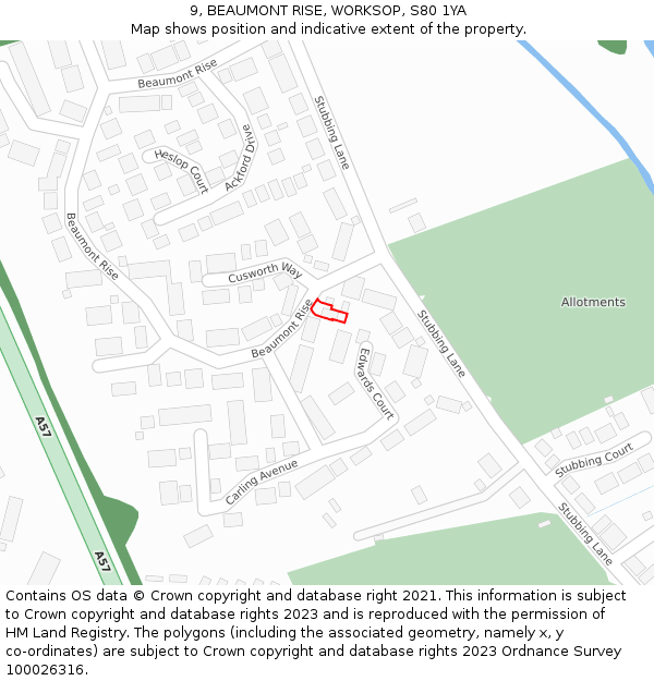 9, BEAUMONT RISE, WORKSOP, S80 1YA: Location map and indicative extent of plot