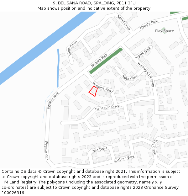 9, BELISANA ROAD, SPALDING, PE11 3FU: Location map and indicative extent of plot