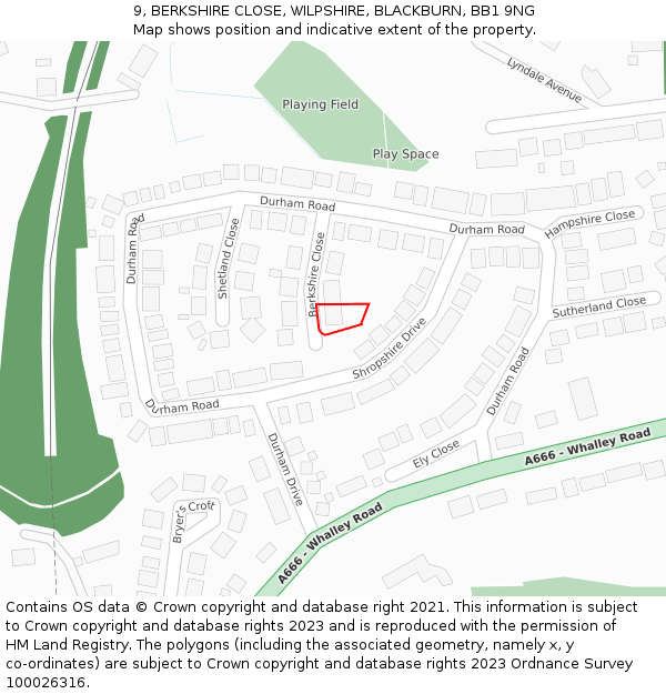 9, BERKSHIRE CLOSE, WILPSHIRE, BLACKBURN, BB1 9NG: Location map and indicative extent of plot