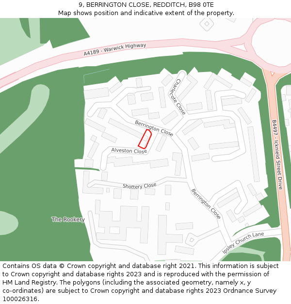 9, BERRINGTON CLOSE, REDDITCH, B98 0TE: Location map and indicative extent of plot