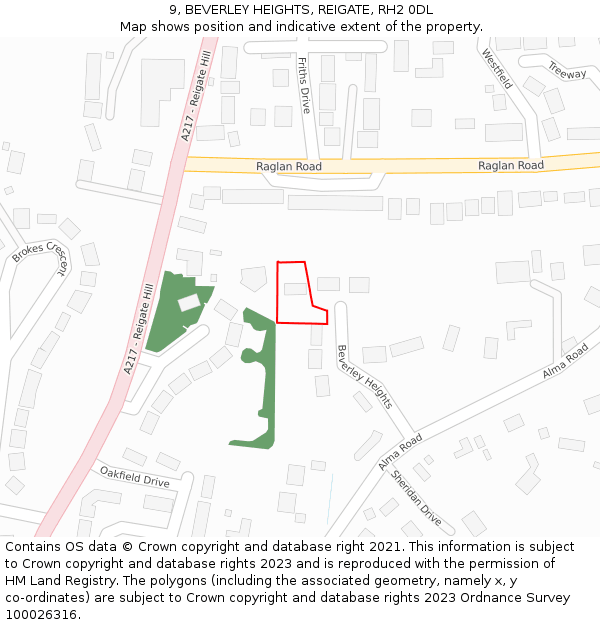 9, BEVERLEY HEIGHTS, REIGATE, RH2 0DL: Location map and indicative extent of plot