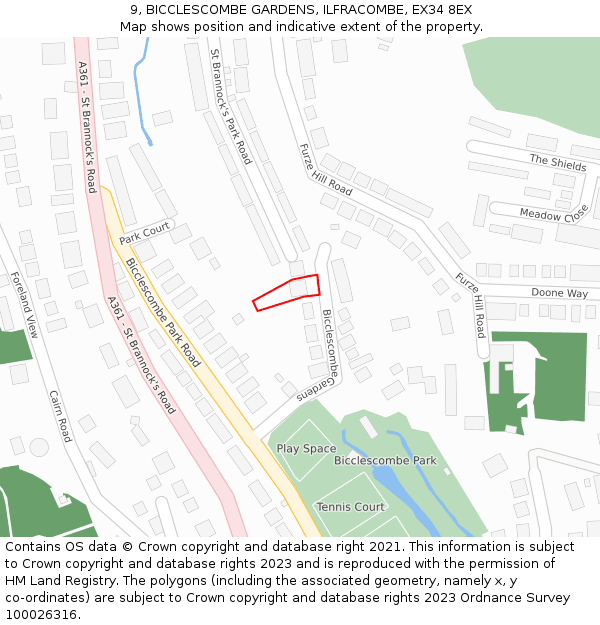 9, BICCLESCOMBE GARDENS, ILFRACOMBE, EX34 8EX: Location map and indicative extent of plot