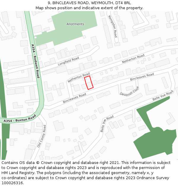 9, BINCLEAVES ROAD, WEYMOUTH, DT4 8RL: Location map and indicative extent of plot