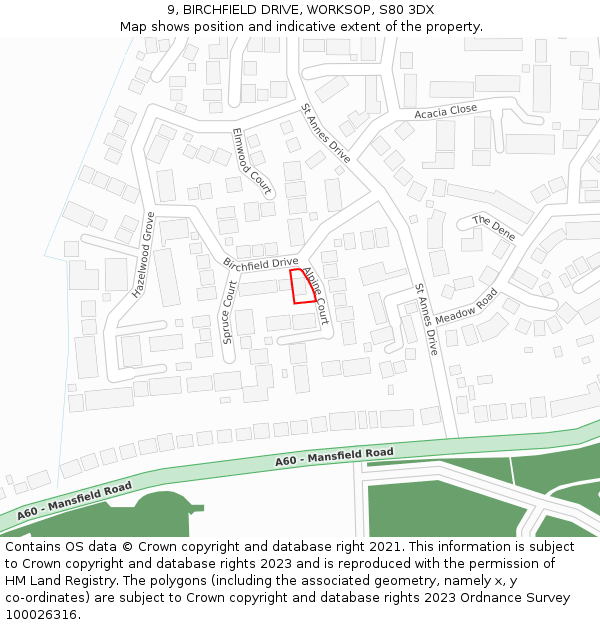 9, BIRCHFIELD DRIVE, WORKSOP, S80 3DX: Location map and indicative extent of plot