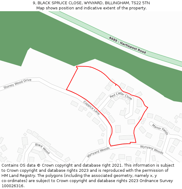 9, BLACK SPRUCE CLOSE, WYNYARD, BILLINGHAM, TS22 5TN: Location map and indicative extent of plot