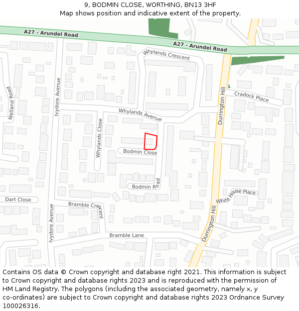 9, BODMIN CLOSE, WORTHING, BN13 3HF: Location map and indicative extent of plot