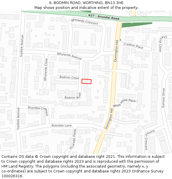 9, BODMIN ROAD, WORTHING, BN13 3HE: Location map and indicative extent of plot