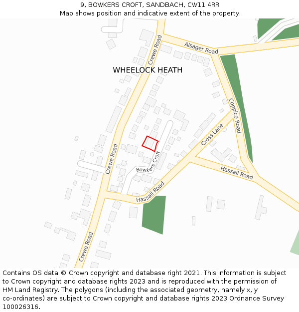 9, BOWKERS CROFT, SANDBACH, CW11 4RR: Location map and indicative extent of plot
