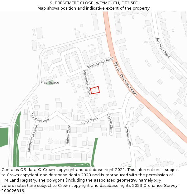 9, BRENTMERE CLOSE, WEYMOUTH, DT3 5FE: Location map and indicative extent of plot