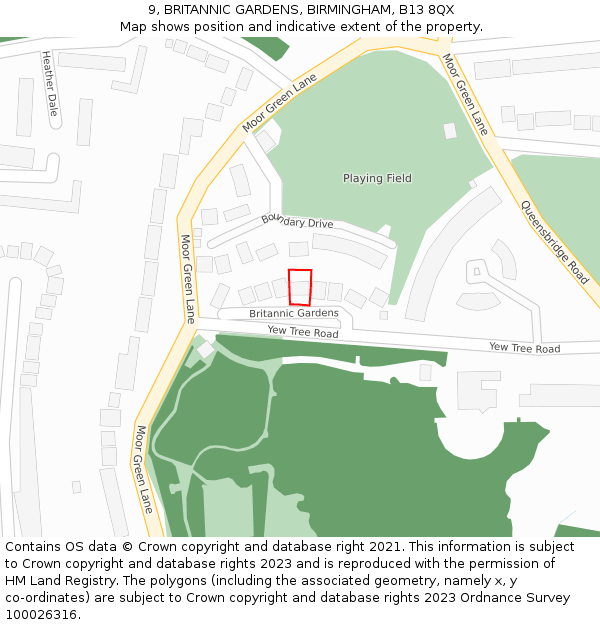 9, BRITANNIC GARDENS, BIRMINGHAM, B13 8QX: Location map and indicative extent of plot