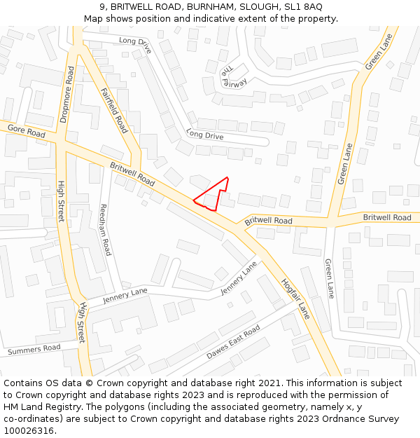 9, BRITWELL ROAD, BURNHAM, SLOUGH, SL1 8AQ: Location map and indicative extent of plot