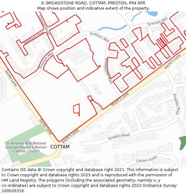 9, BROADSTONE ROAD, COTTAM, PRESTON, PR4 0PR: Location map and indicative extent of plot
